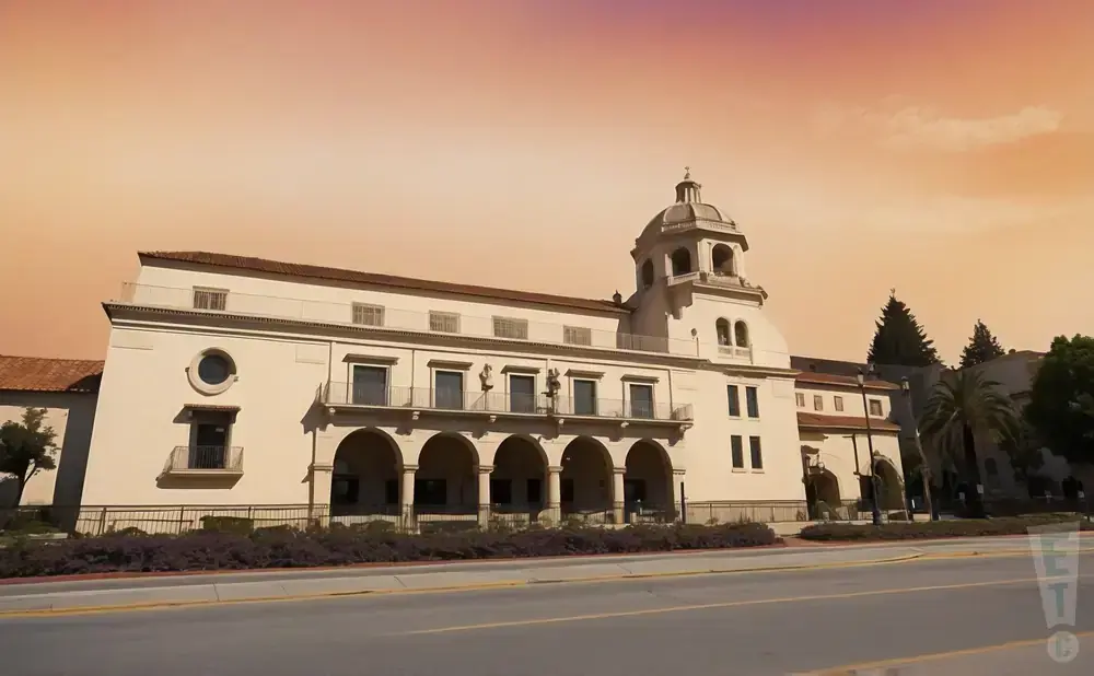 A large, Spanish Colonial-style building with a dome, arches, and balconies under a warm, orange sky.