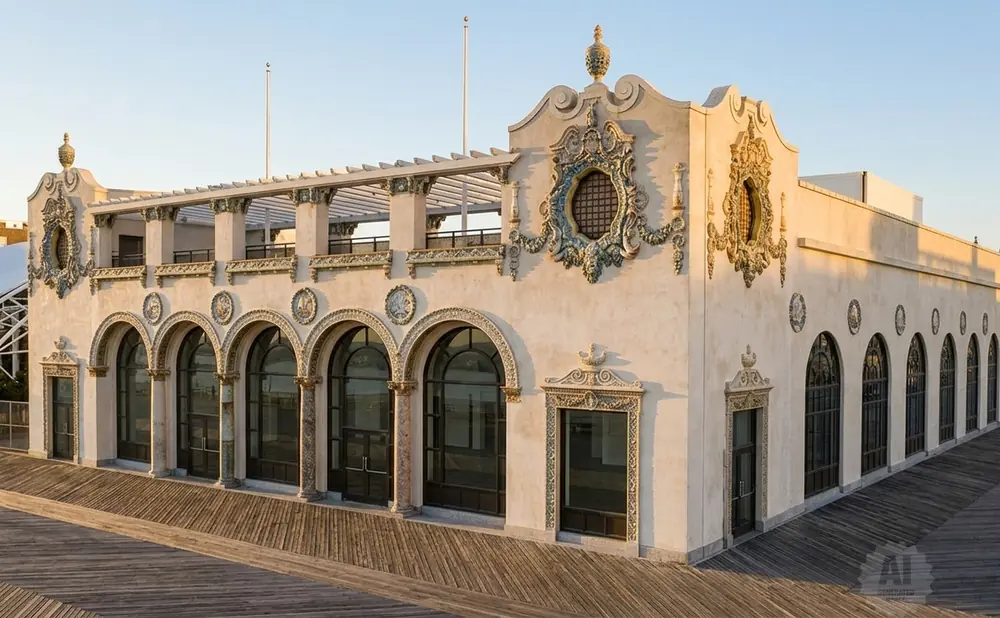A grand building with arched windows and ornate decorations stands on a wooden boardwalk under a clear sky.