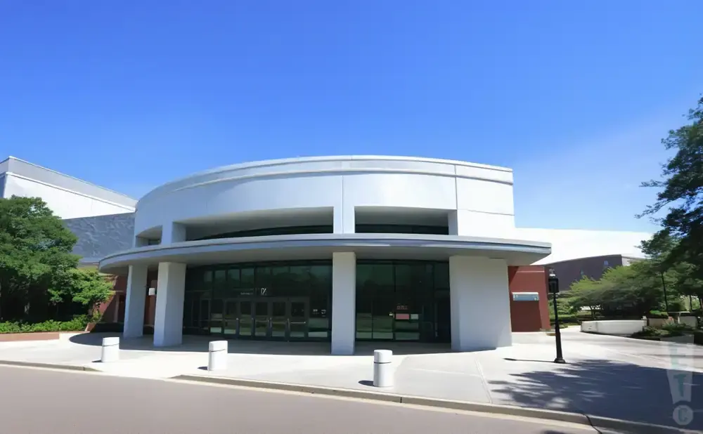 Modern curved building entrance with glass doors and white pillars, under a clear blue sky.