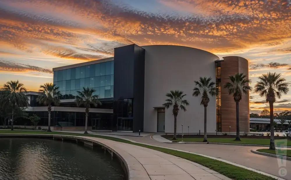 Modern building with glass facade and curved sections, surrounded by palm trees and a pond, under a dramatic sunset sky.
