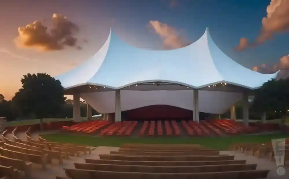 Outdoor amphitheater with tiered seating, a large white tensile roof, and a stage at sunset.