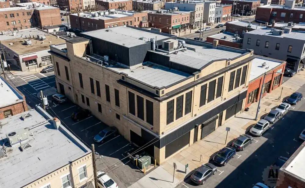 Aerial view of a tan brick building with dark windows, facing a street with parked cars and other buildings.