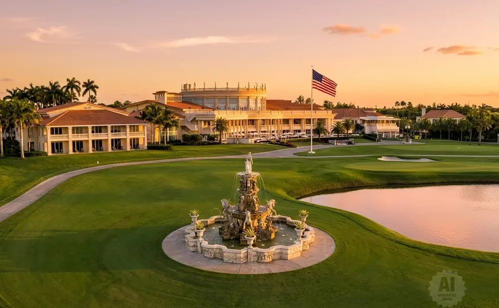 Golf course at sunset with a fountain, clubhouse, and palm trees.
