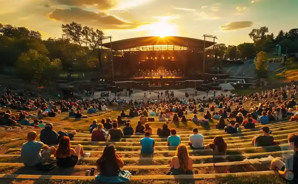 An outdoor amphitheater at sunset, packed with people watching a performance on stage.