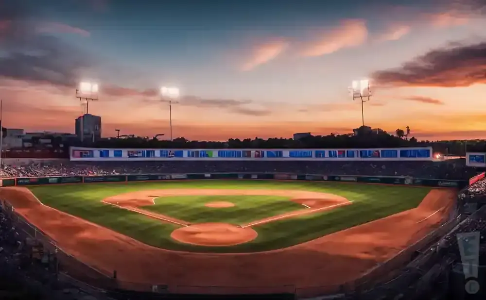 A baseball field at sunset with stadium lights on and a vibrant, cloudy sky.