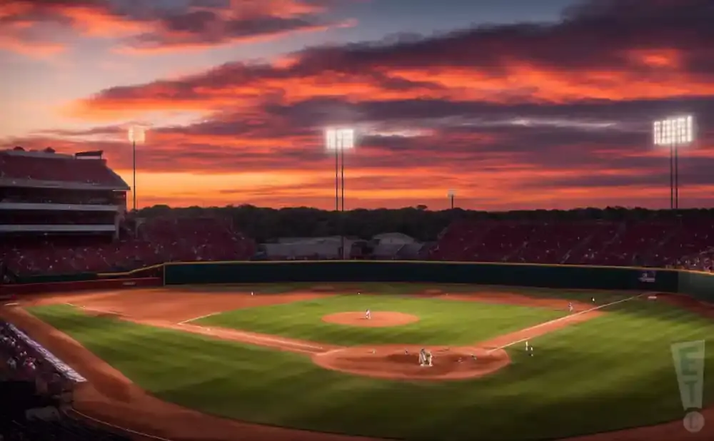 A baseball field under a fiery sunset with stadium lights on.