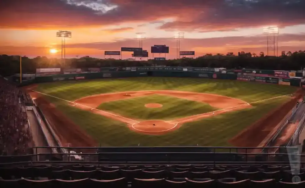 Baseball stadium at sunset, with the infield illuminated by lights.