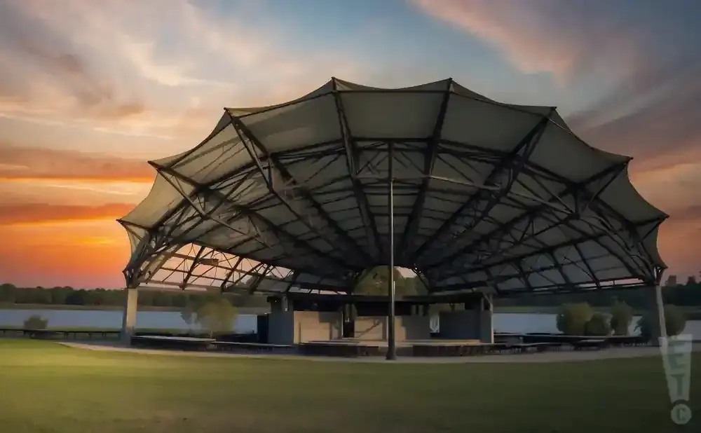Outdoor amphitheater with a unique canopy at sunset.