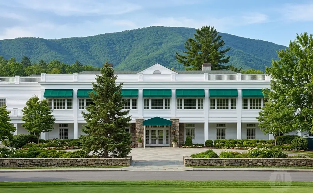 A white building with green awnings sits before a mountain.