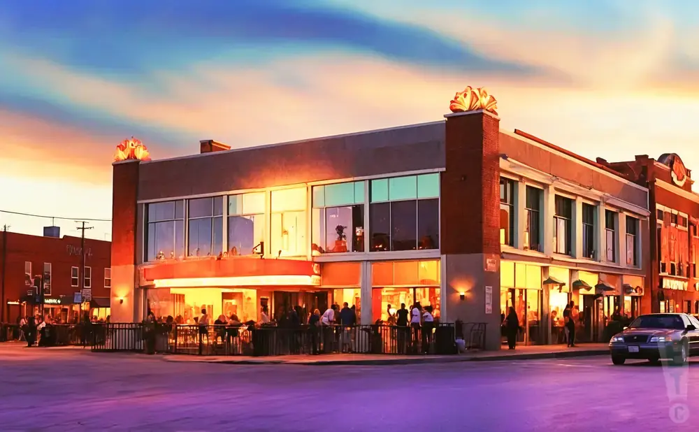 A vibrant sunset casts a warm glow on a bustling street with people dining outdoors and a car driving by.