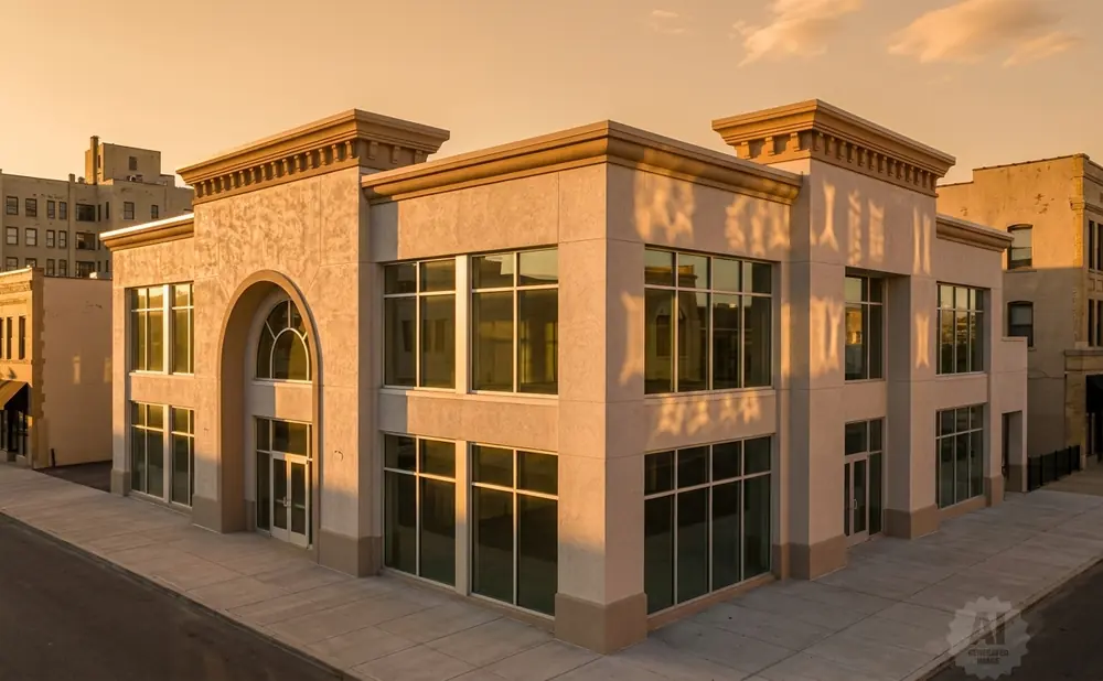 Modern commercial building with large windows at sunset.