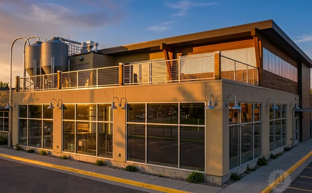 Modern brewery with tanks on roof, large windows, and a sunset view.