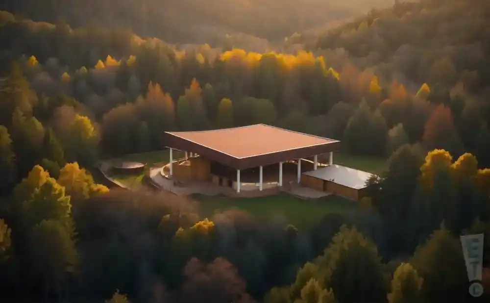 An aerial view of a modern building nestled in a sun-drenched, autumnal forest.