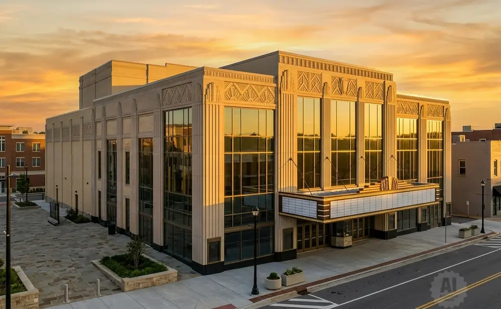 Art deco theater at sunset with golden sky and marquis.