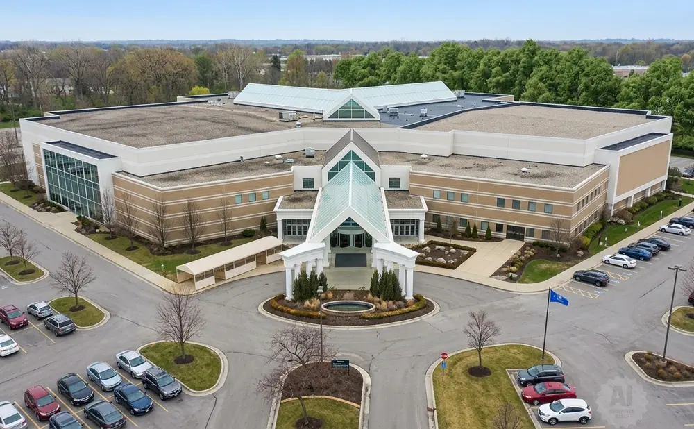 Aerial view of a modern church building with a glass-covered entrance, surrounded by parking lots and trees.