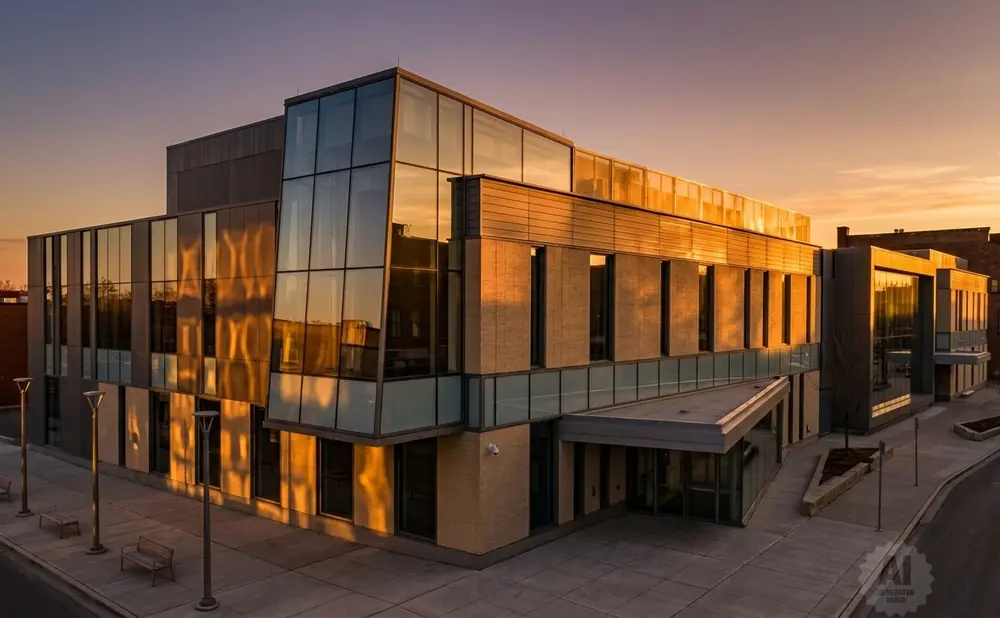 Modern building with glass facade reflects sunset.