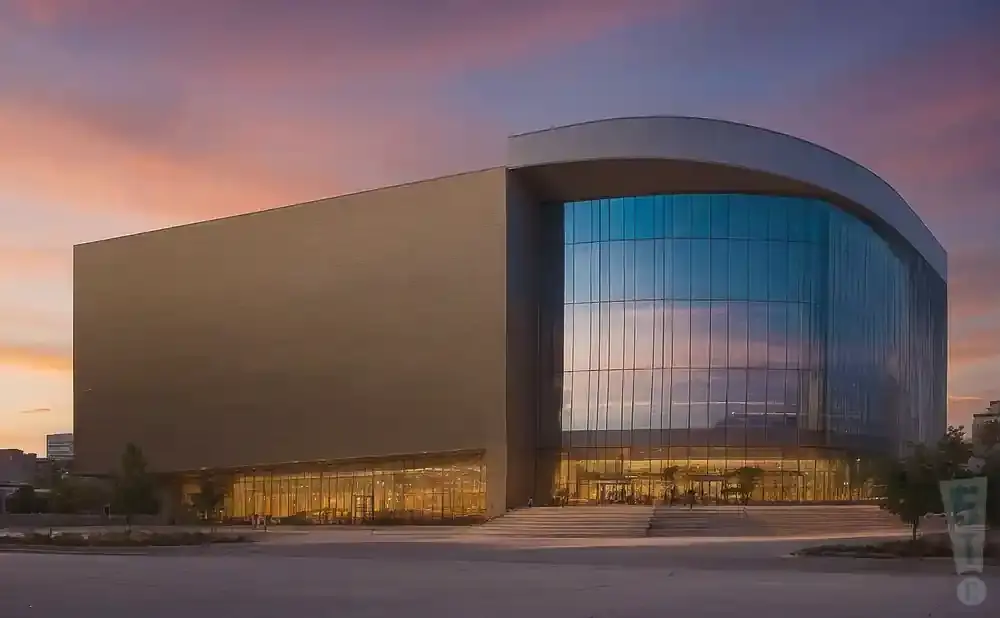A modern building with a large glass facade reflecting a colorful sunset sky.