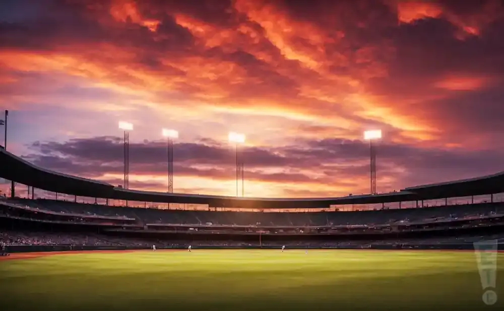 A baseball stadium at sunset with a fiery orange and purple sky.