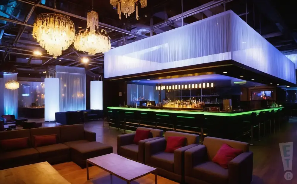 Modern bar with glowing green counter, comfortable seating, and ornate chandeliers.