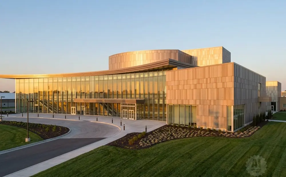 Modern building with a curved glass facade and stone accents at sunset.