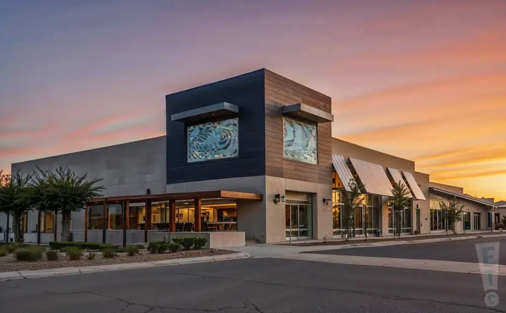 Modern building at sunset with geometric design and warm sky.