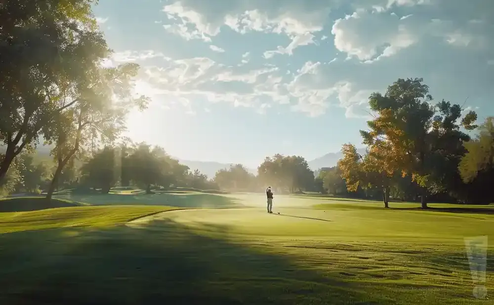 Golfer tees off on a sun-drenched golf course with rolling green hills and a hazy mountain backdrop.