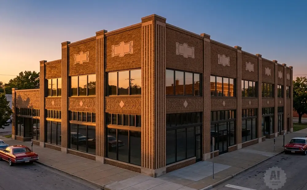 Art deco building with large windows and brick facade, parked vintage cars on street.