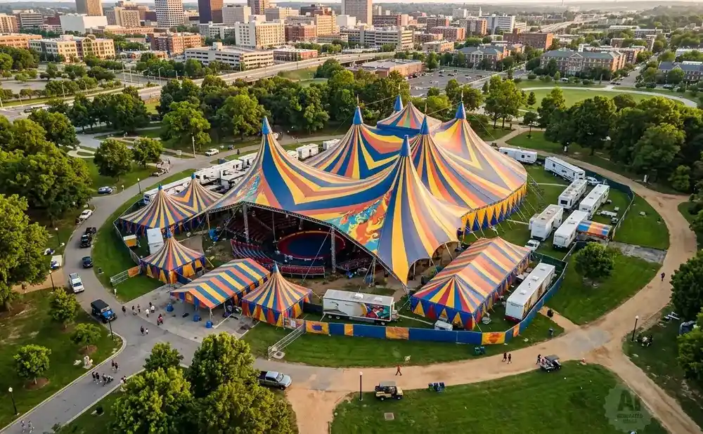 Aerial view of a circus tent with colorful stripes, surrounded by trees and buildings.