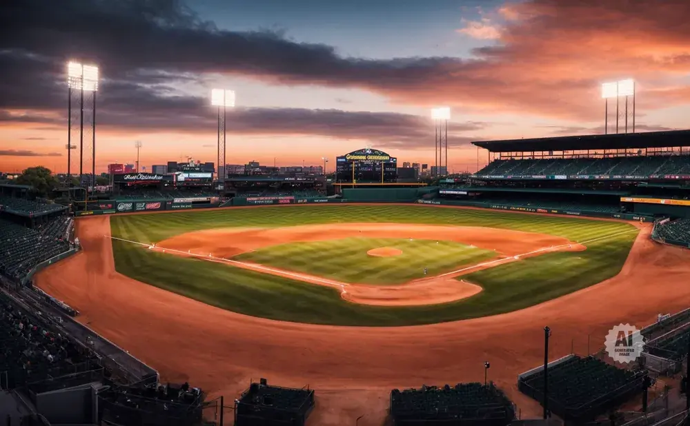 An empty baseball stadium at sunset with lights on.