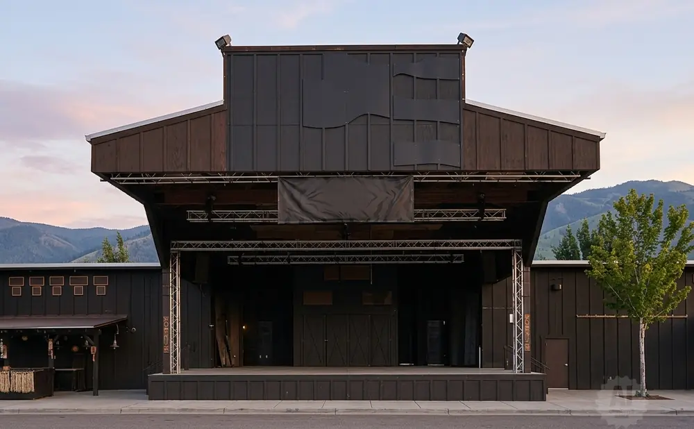 An outdoor amphitheater stage with mountains in the background at sunset.