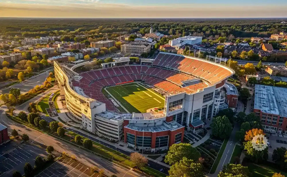 Aerial view of a large, open-air stadium with red seating, surrounded by trees and buildings.
