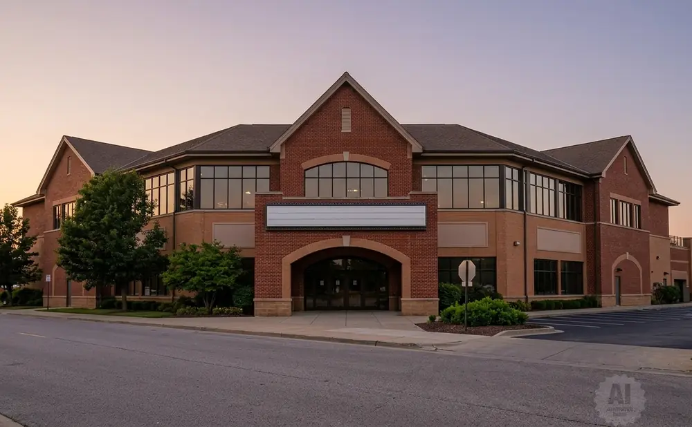 A brick office building with large windows and a blank sign above arched double doors at sunset.