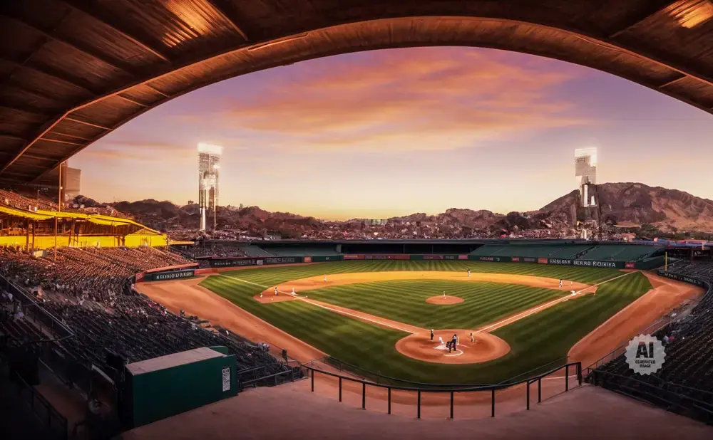 Baseball stadium with a towering skyscraper on a mountain in the background at sunset.
