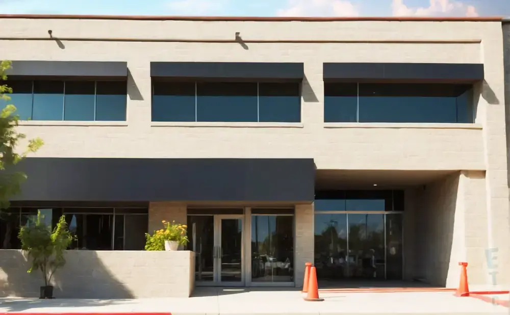 Modern beige building with large windows and dark awnings, featuring an entrance with glass doors and orange traffic cones.