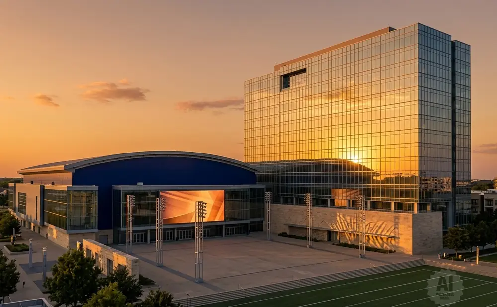 Modern glass office building and arena lit by sunset, with a large outdoor screen.