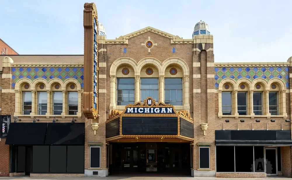 The Michigan Theater has a classic marquee and ornate details.