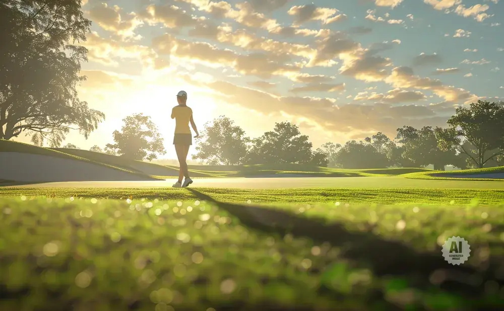 A woman on a golf course with a sunset in the background.