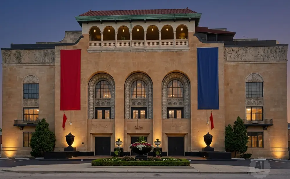 Grand stone building with red and blue banners, arched windows, and urns at dusk.