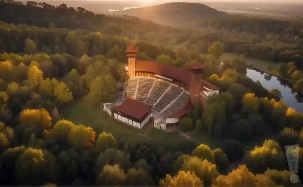 Aerial view of an outdoor amphitheater surrounded by trees in autumn, with a lake in the background.