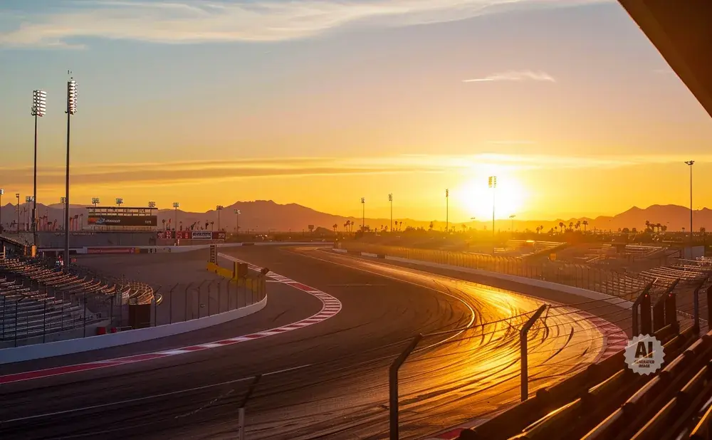 A racetrack bathed in golden sunset light, with mountains in the distance.