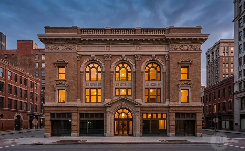 An ornate brick building with arched windows glows warmly at dusk, surrounded by other historic city structures.