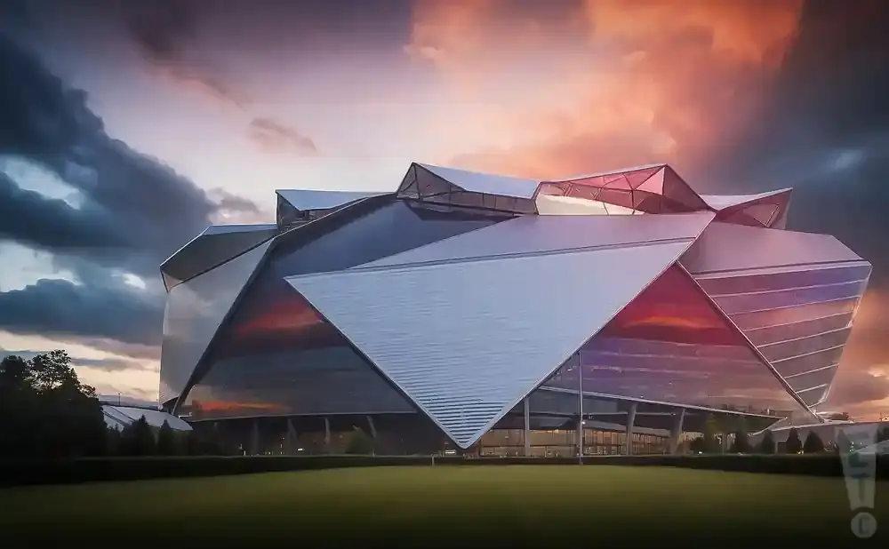 A modern, angular stadium with reflective surfaces, set against a dramatic sunset sky.