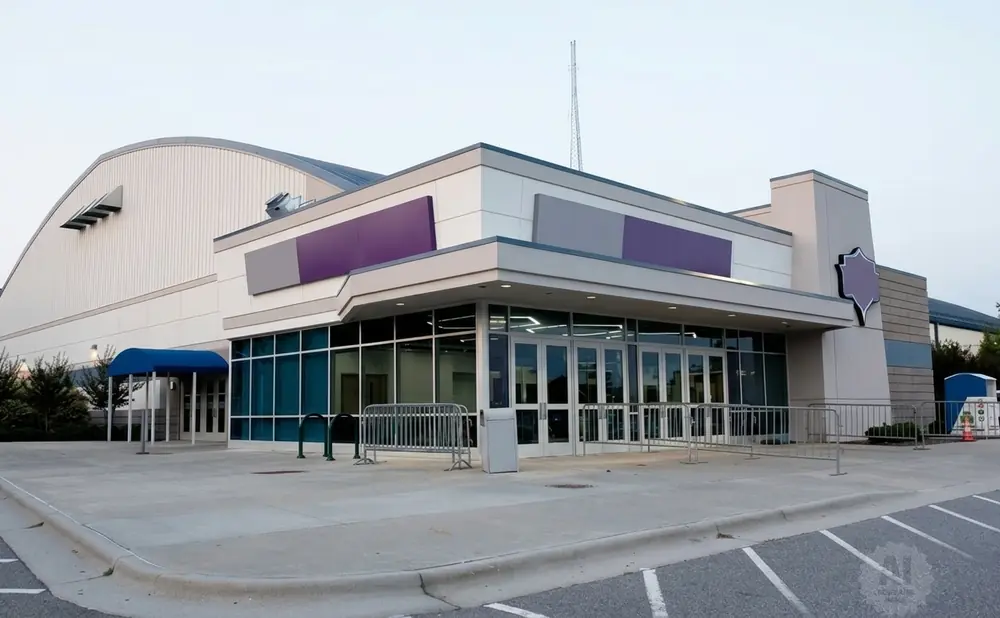 Modern arena with arched roof and glass entrance.