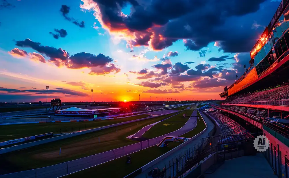 Sunset over a race track with grandstands and dramatic clouds.