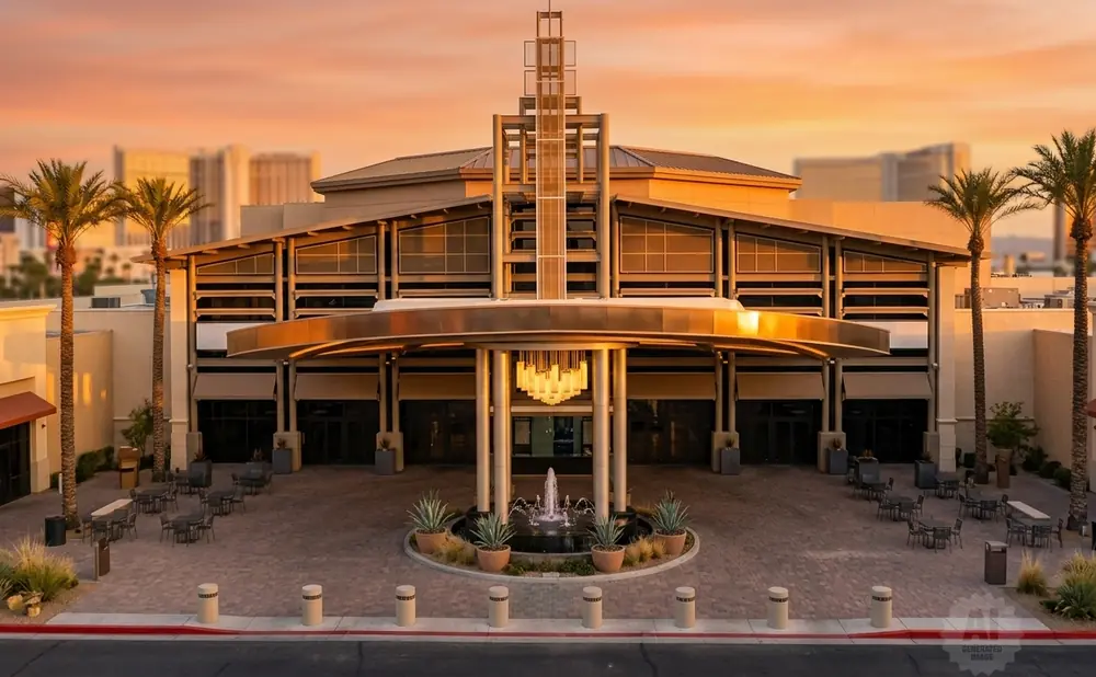 Exterior view of a large building entrance with palm trees and a fountain at sunset.