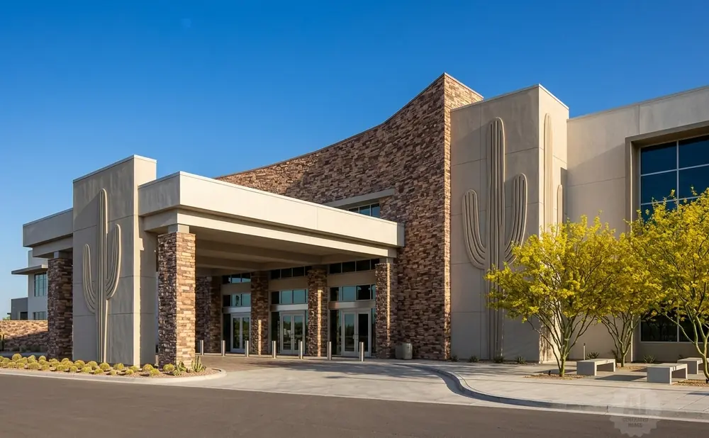 Modern building with cactus reliefs, stone accents, and yellow trees.