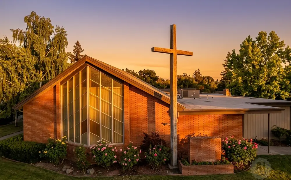 A wooden cross stands in front of a brick church with a large stained-glass window.