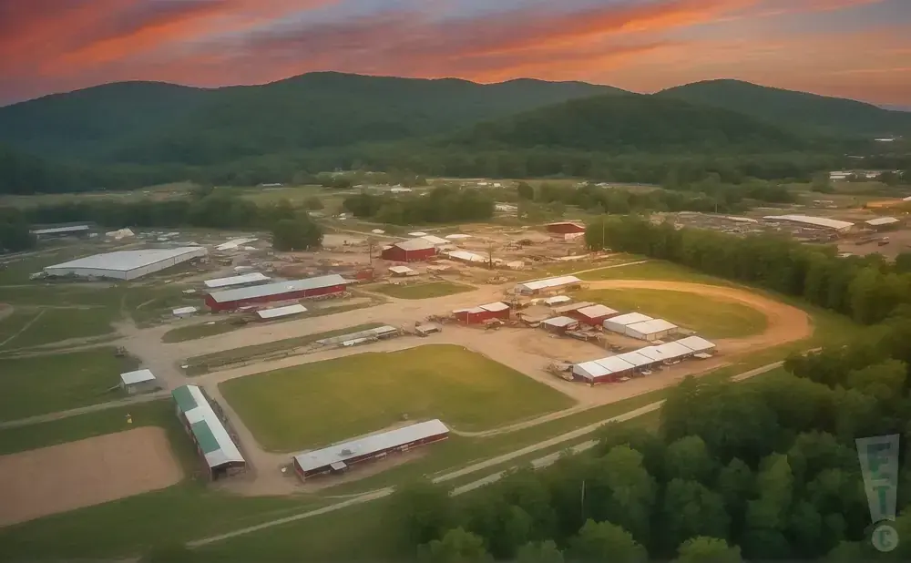Aerial view of a rural fairground at sunset, with red barns, white buildings, and rolling green hills in the background.