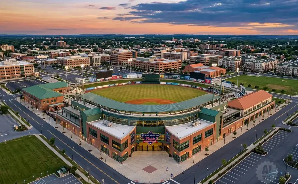 Aerial view of a baseball stadium with surrounding buildings and cityscape at sunset.