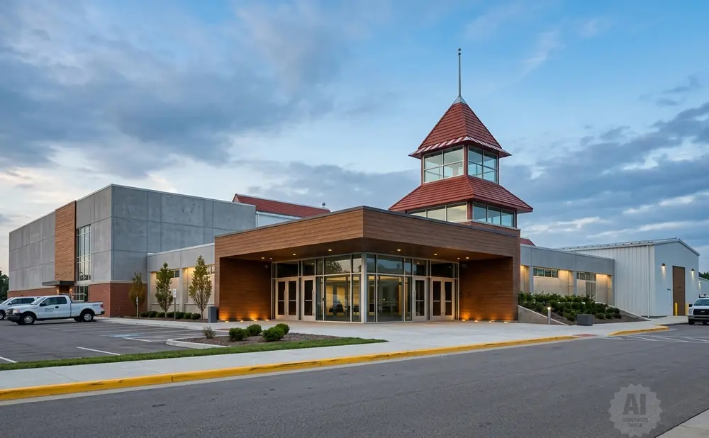 Modern building with a prominent red-roofed tower, wood accents, and large glass entrance.